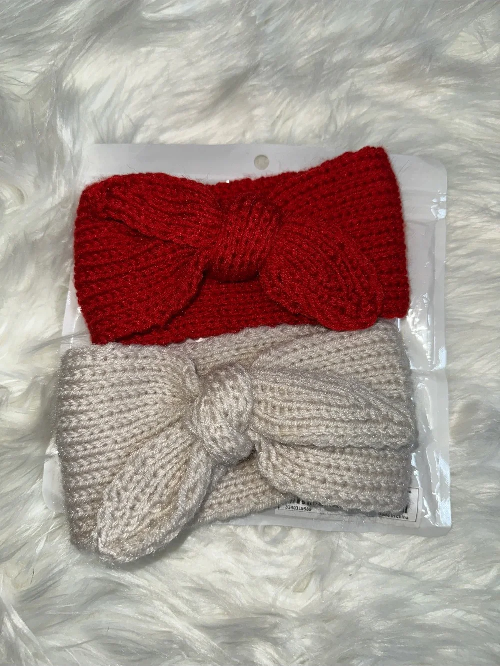 Kids Knitted Bow Headband Set - Red & Cream